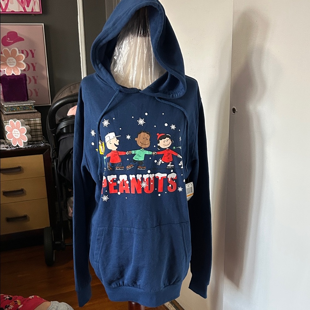 Peanuts Navy Blue Graphic Hoodie with White Logo size small nwt unisex